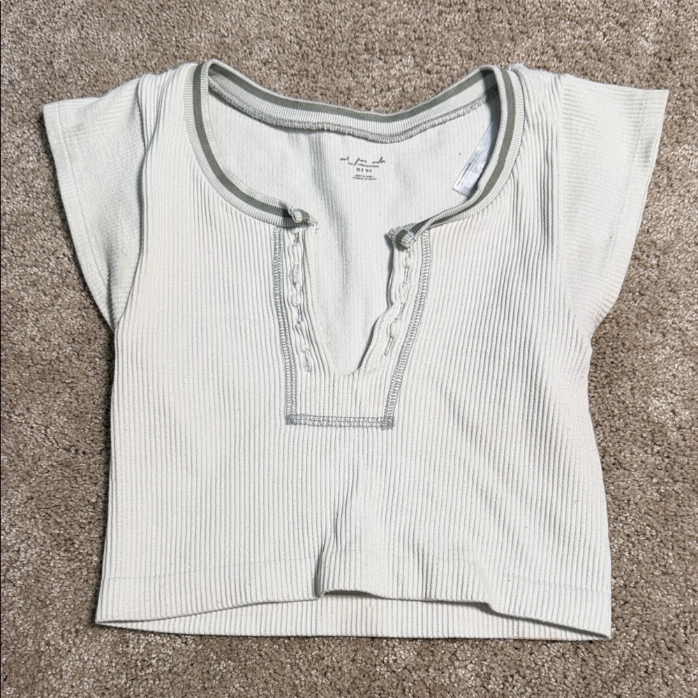 Free People Cream Ribbed Scoop Crop Top with Gray Trim